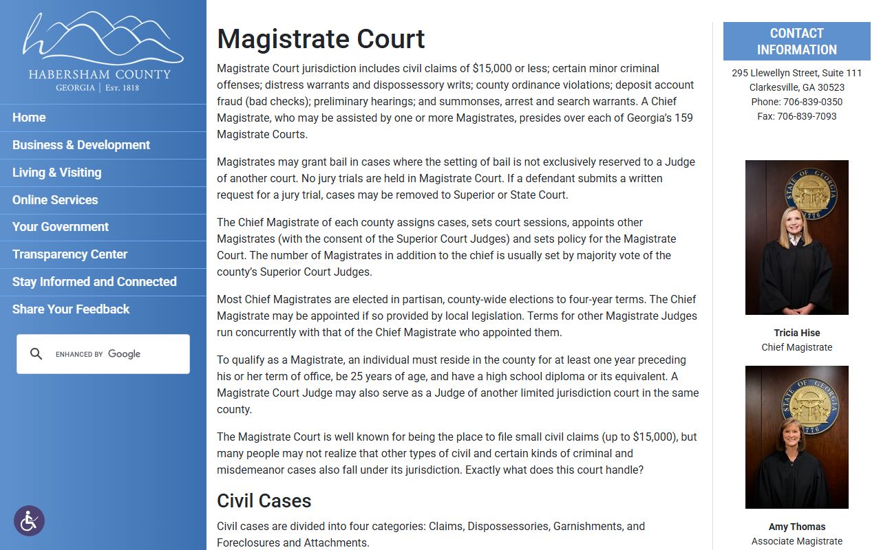 Habersham County Magistrate Court page with warrant and minor offense jurisdiction context