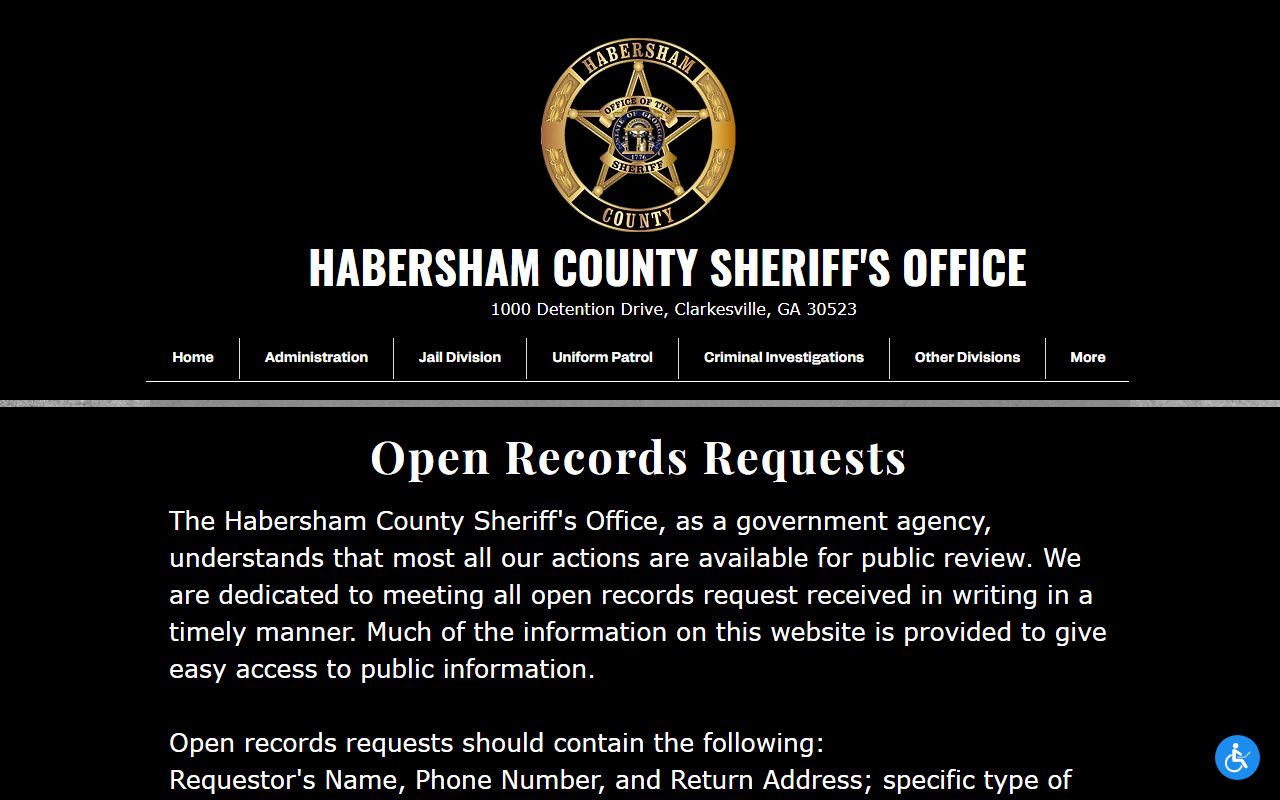 Habersham County Sheriff's Office records page for open records requests
