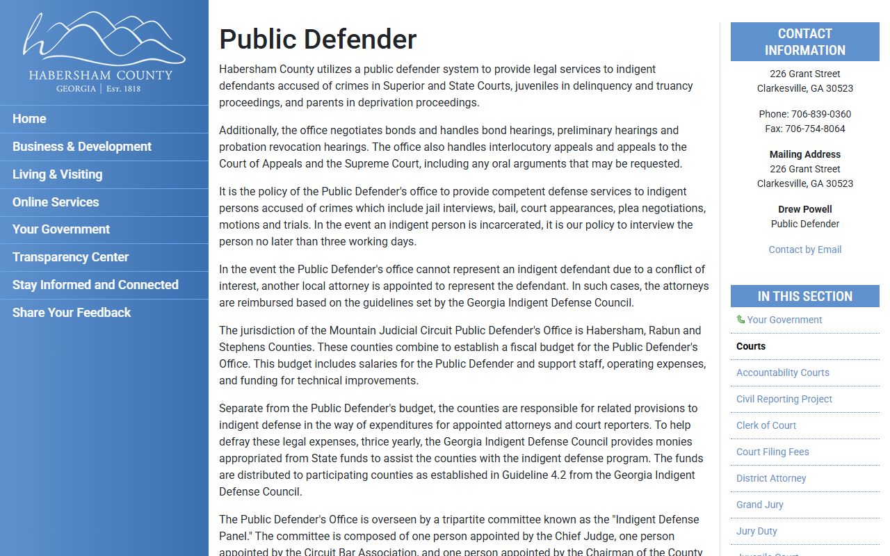 Habersham County criminal court records public defender page