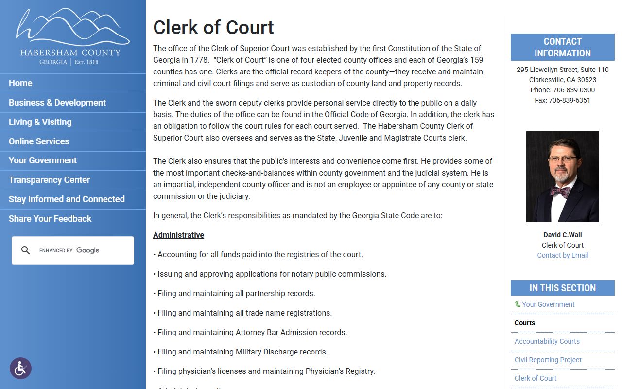 Habersham County court records Clerk of Court page