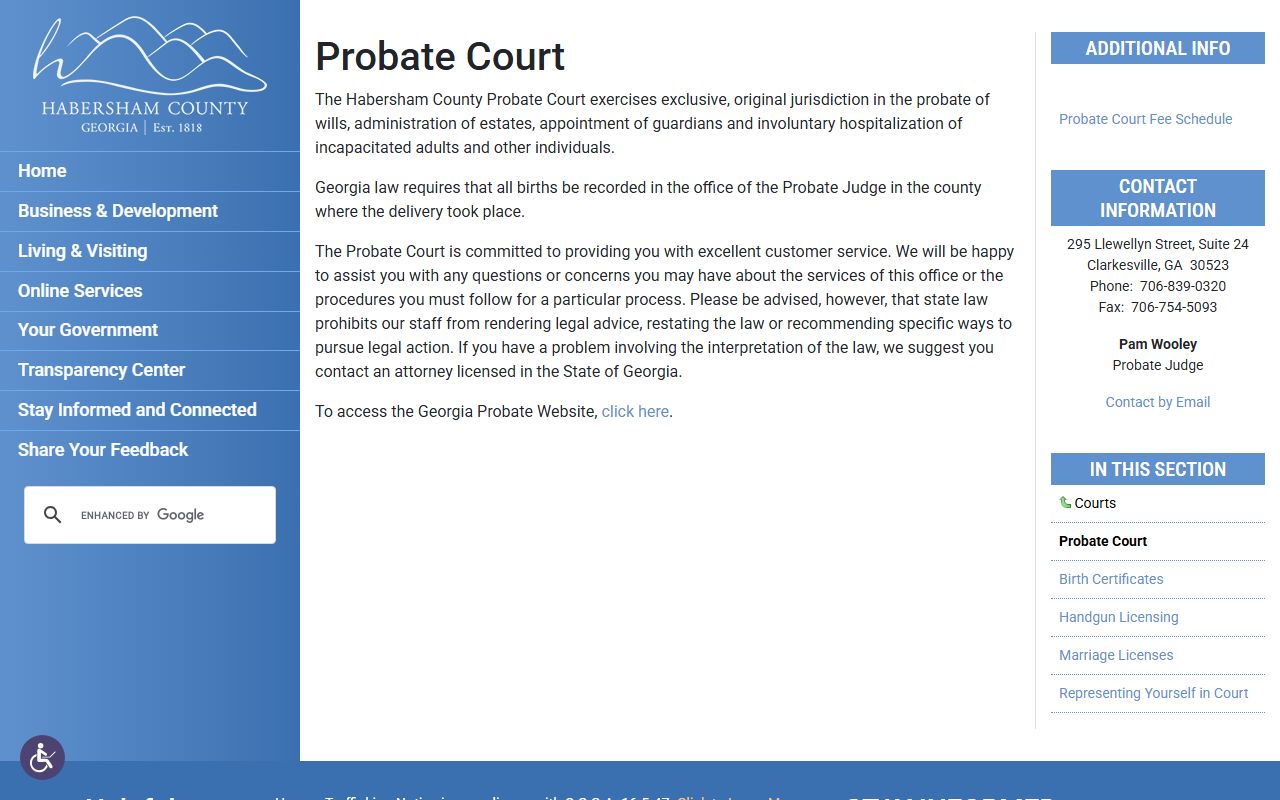 Habersham County court records Probate Court page