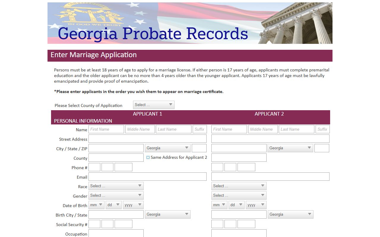 Georgia Probate Records marriage application county selector