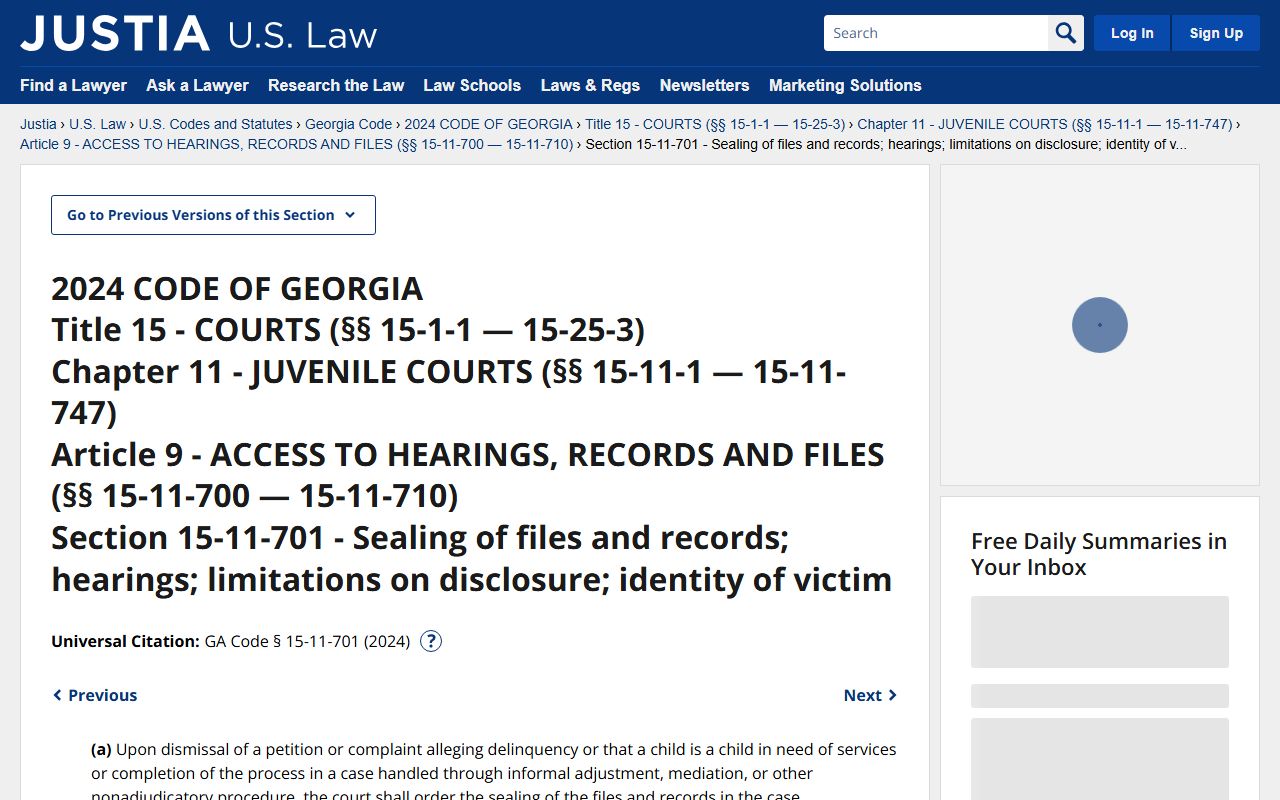 Georgia juvenile sealing statute for restricted court files