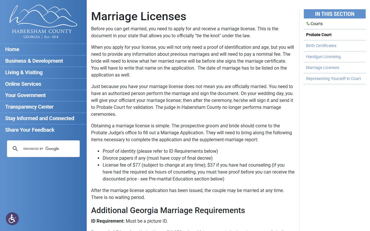 Habersham County Probate Court marriage license page