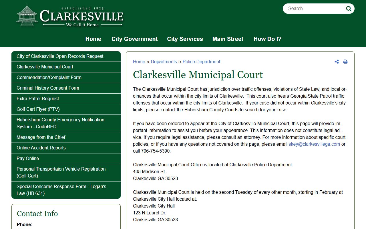 Clarkesville Municipal Court page for traffic offenses and ordinances