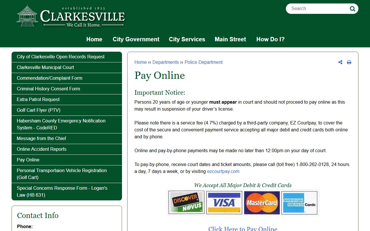 Clarkesville online payment page for municipal traffic citations