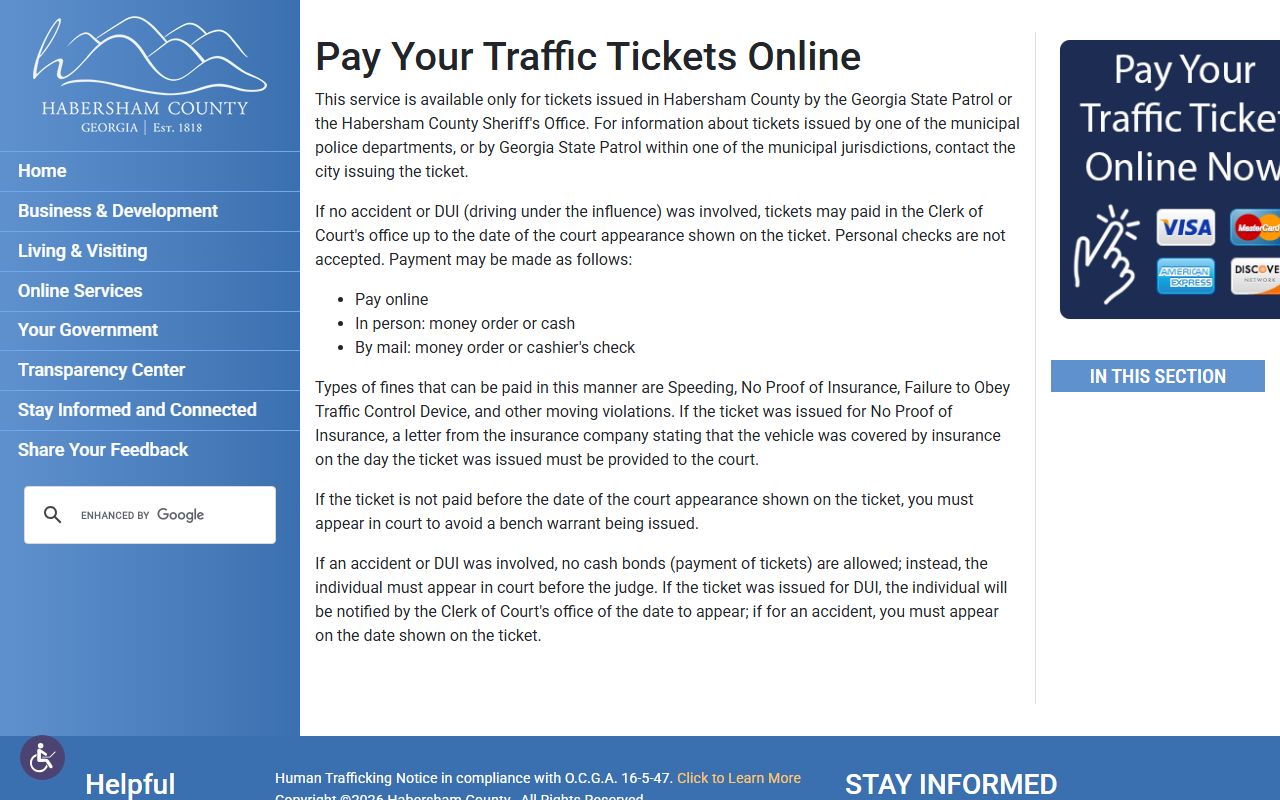 Habersham County online traffic ticket payment page