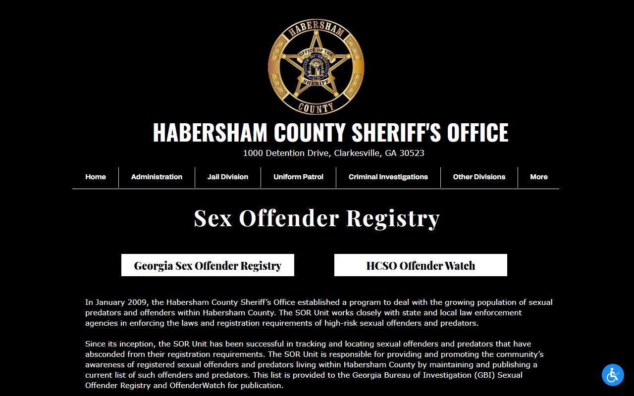 Habersham Sheriff's Sex Offender Unit page with registration contact information